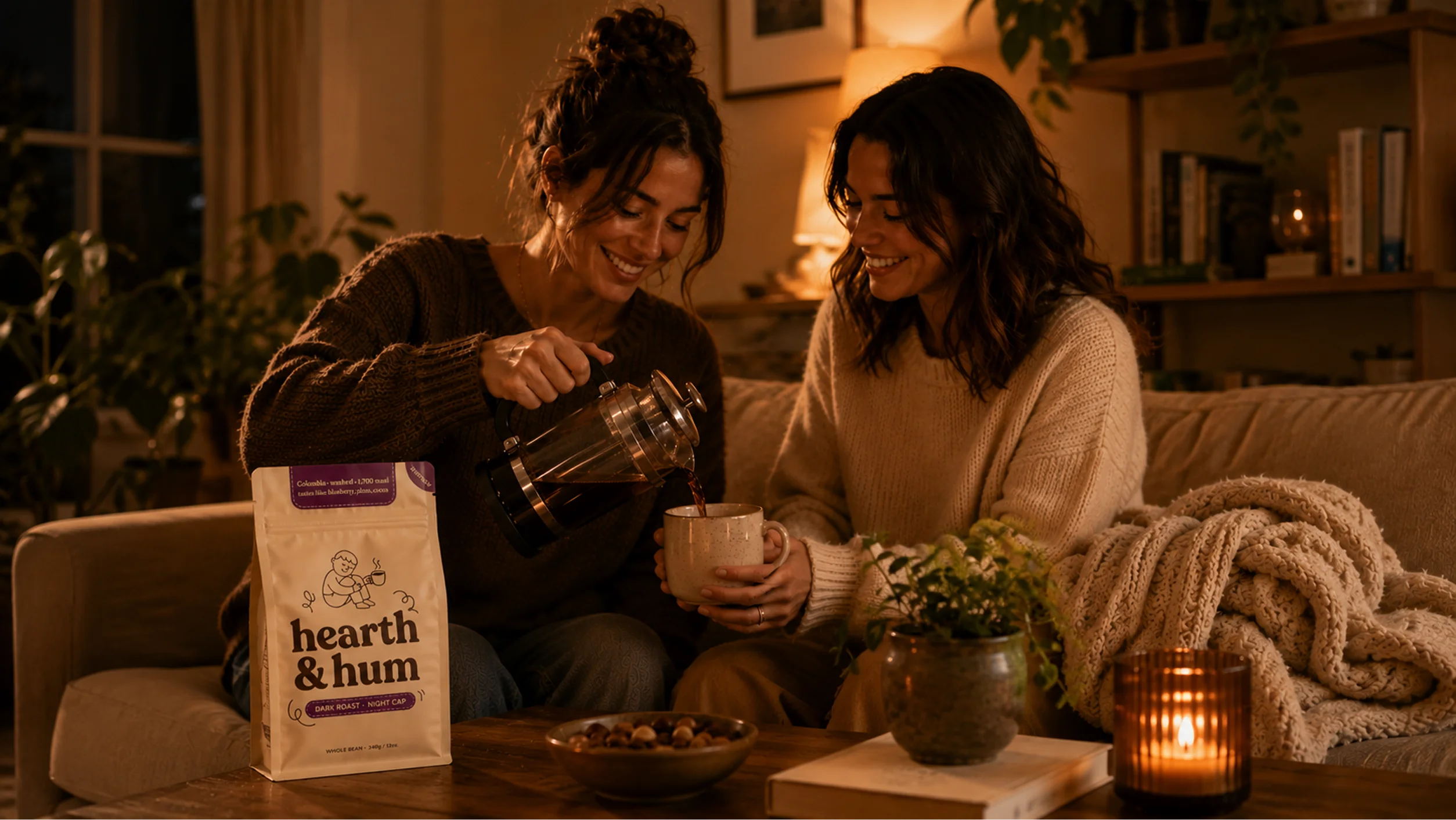 Friends sharing Hearth & Hum coffee on a cozy evening