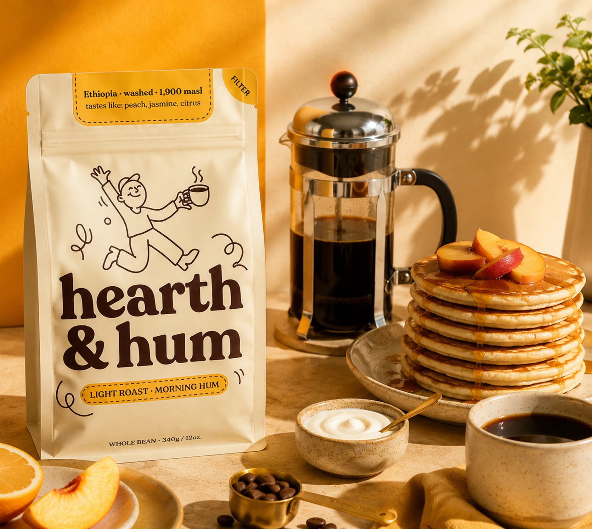 Morning Hum with pancakes and french press